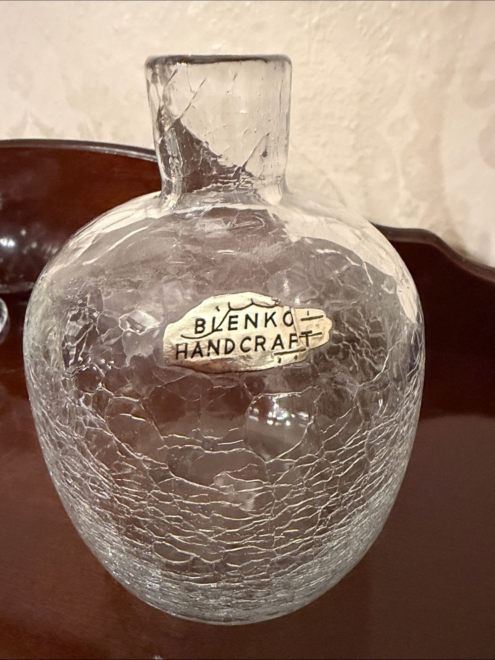 Vintage Blenko #6424 Clear Crackle Glass Candle Vase Joel Myers Foil Label